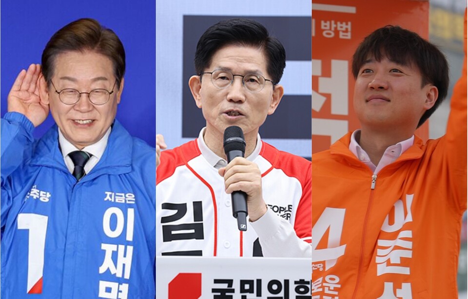 이재명(왼쪽부터) 더불어민주당 대선 후보, 김문수 국민의힘 대선 후보, 이준석 개혁신당 대선 후보. (출처=각 당 홈페이지)