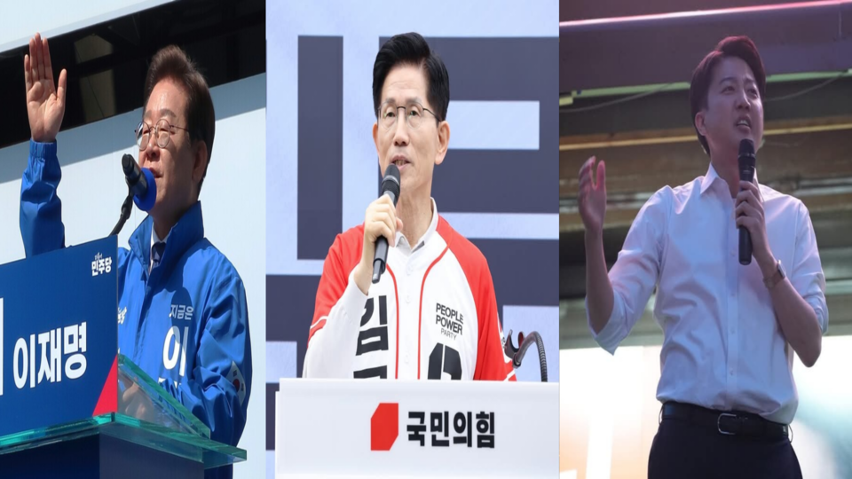 이재명(왼쪽부터) 더불어민주당 대선 후보, 김문수 국민의힘 대선 후보, 이준석 개혁신당 대선 후보가 선거 유세를 펼치고 있다. (사진=정민서 기자/출처=김문수·이준석 후보 SNS)