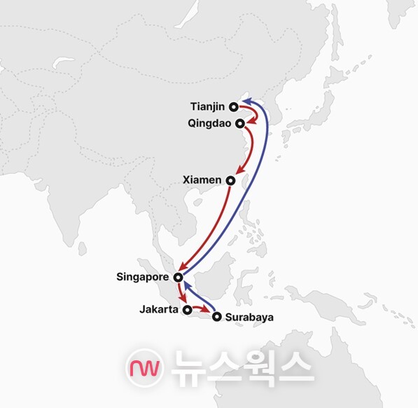 오는 6월부터 실시되는 HMM의 'NIS(North-China Indonesia Service)' 서비스 항로. (이미지제공=HMM)
