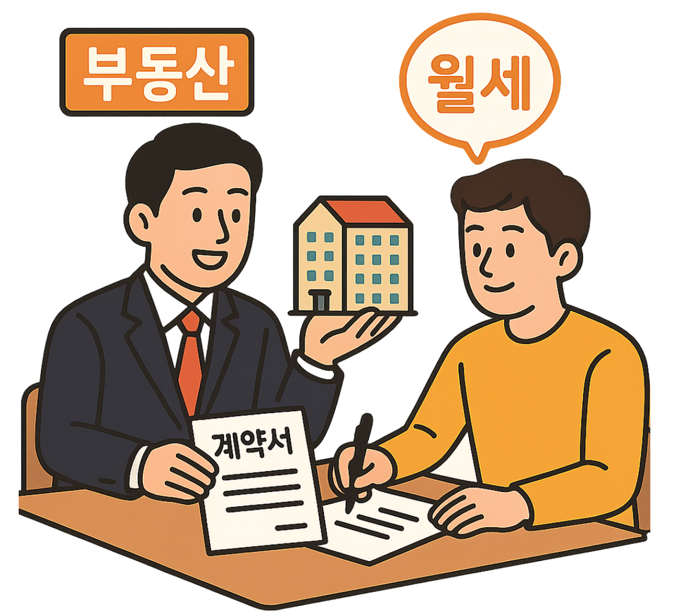 청년이 부동산 중개인을 통해 월세 계약을 체결하고 있다. (출처=미리캔버스 AI)