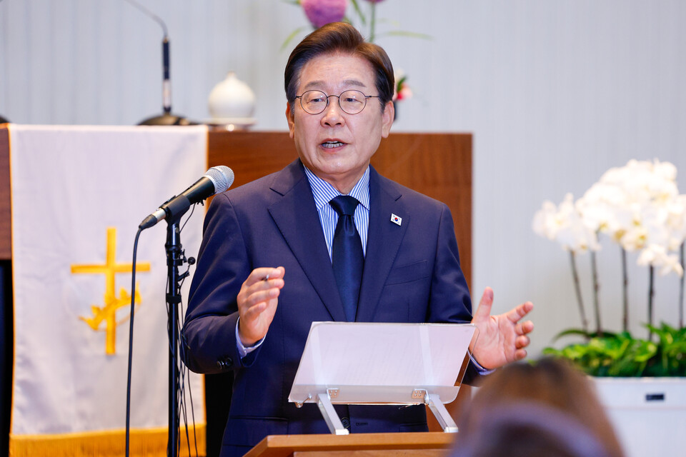 이재명 더불어민주당 대선 후보가 제21대 대통령선거를 하루 앞둔 2일 오후 경기 성남시 주민교회에서 지지를 호소하며 마지막 대국민 기자회견을 하고 있다. (사진=뉴스1)