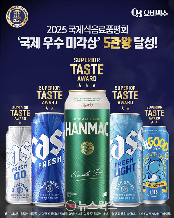오비맥주는 '2025 국제식음료품평회'에 출품한 카스, 한맥 등 총 5개 브랜드가 '국제 우수 미각상'을 수상했다. (사진제공=오비맥주)
