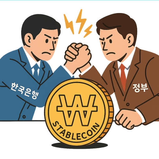 한국은행과 정부가 원화 스테이블코인을 두고 겨루고 있다. (출처=미리캔버스 AI)