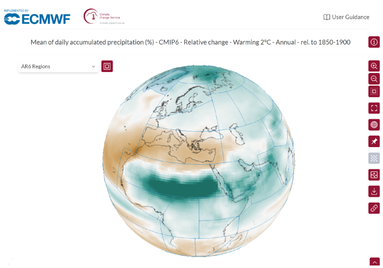 지구 온난화에 대한 미래 기후에 해당하는 강수량의 공간적 변화. (출처=C3S 홈페이지)