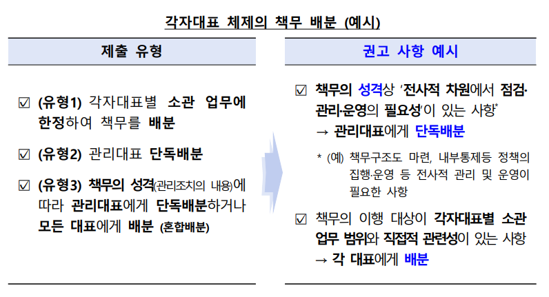 각자대표 체제의 책무 배분 예시. (자료제공=금융감독원)