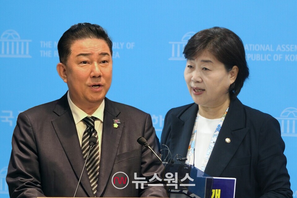 더불어민주당 김병기(왼쪽) 의원과 서영교 의원이 5일 서울 여의도 국회 소통관에서 원내대표 출마를 선언하고 있다. (사진=원성훈 기자)