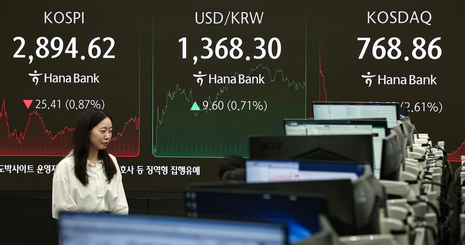 13일 오후 서울 중구 하나은행 본점 딜링룸 전광판에 종가가 표시되고 있다. (사진=뉴스1)