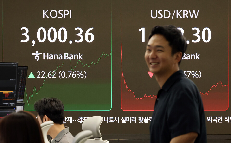 코스피가 3년 5개월 만에 장중 3000선을 돌파한 지난 20일 서울 중구 하나은행 본점 딜링룸 전광판에 코스피 지수가 표시되고 있다. (사진=뉴스1)