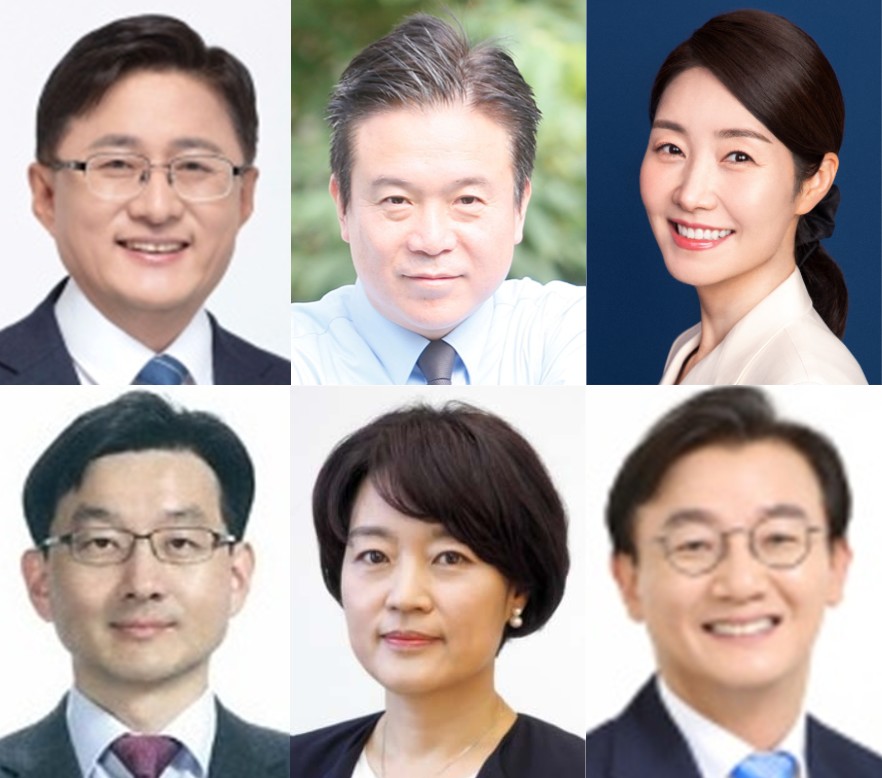 김성환(왼쪽 윗줄부터 시계방향으로) 환경부 장관 후보자, 김영훈 고용노동부 장관 후보자, 강선우 여성가족부 장관 후보자, 전재수 해양수산부 장관 후보자, 한성숙 중소벤처기업부 장관 후보자, 윤창렬 국무총리실 국무조정실장. (사진제공=대통령실)