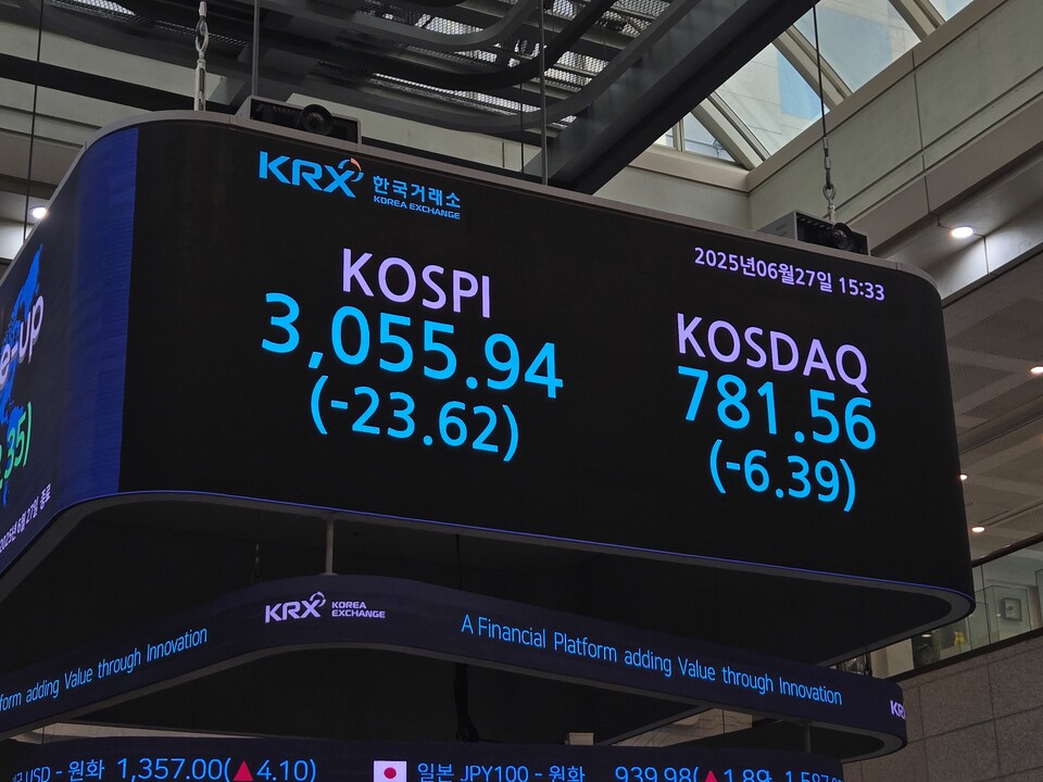 27일 종가 기준 한국거래소 전광판. (사진=박성민 기자)