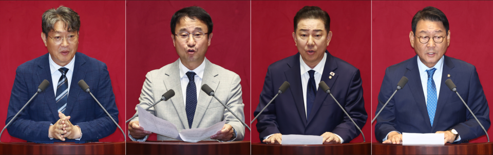 이춘석(왼쪽부터) 국회 신임 법제사법위원장, 한병도 예산결산위원장, 김병기 운영위원장, 김교흥 문화체육관광위원장이 27일 서울 여의도 국회에서 열린 본회의에서 당선 인사말을 하고 있다. (사진=뉴스1)