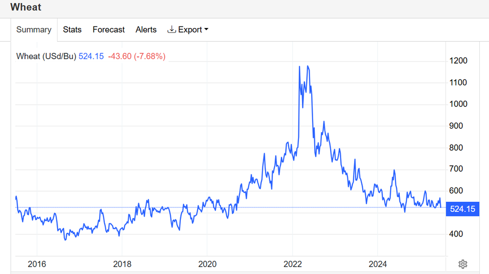 글로벌 금융시장 정보제공사이트인 트레이딩 이코노믹이 수집한 국제 밀(원맥) 시세 추이. (출처=트레이딩 이코노믹 홈페이지)