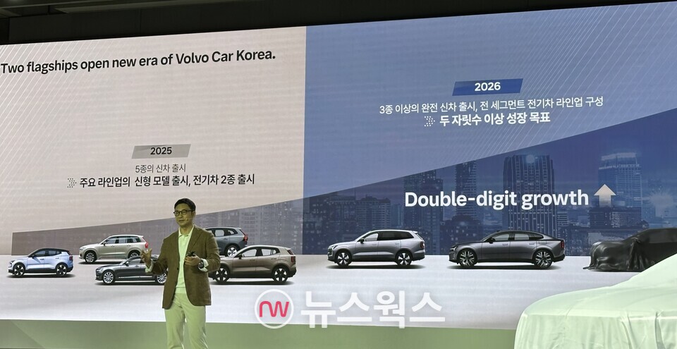 이윤모 볼보차코리아 대표가 올해와 내년 신차 출시 계획에 관해 발표하고 있다. (사진=정현준 기자)
