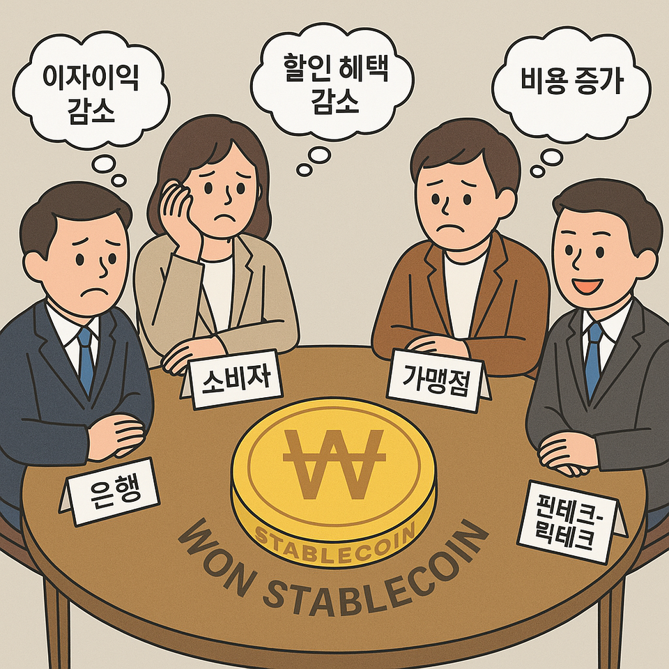 원화스테이블코인 이해관계자들이 코인을 둘러싸고 고민하고 있다. (이미지=챗GPT)
