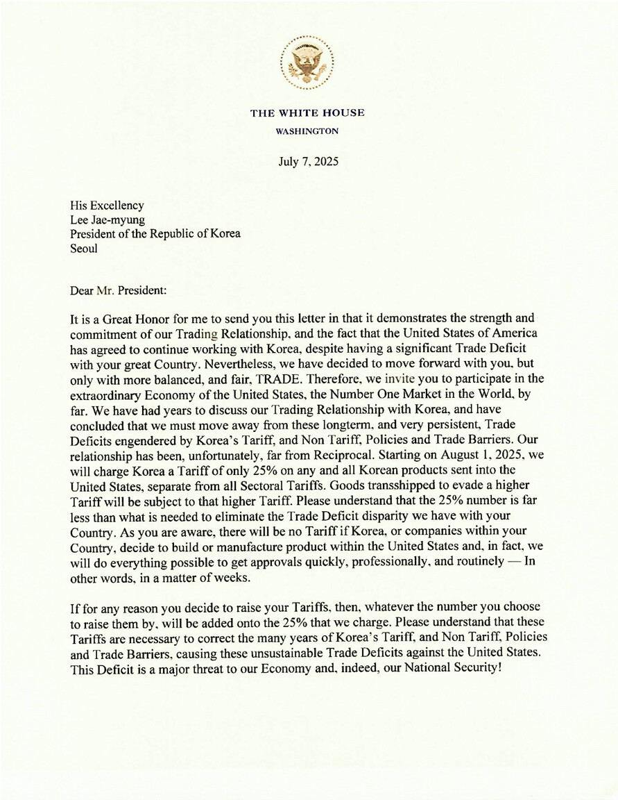 한국에 대한 관세 서한. (출처=트럼프 트루스소셜)