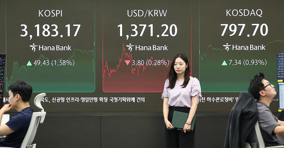 10일 오후 서울 중구 하나은행 본점 딜링룸 전광판에 증시가 표시되고 있다. 이날 코스피는 전 거래일 대비 49.49포인트(1.58%) 상승한 3183.23, 코스닥은 7.34포인트(0.93%) 상승한 797.70으로 장을 마쳤다. (사진=뉴스1)