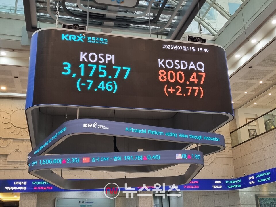 7월 11일 종가 기준 한국거래소 전광판. (사진=김아현 기자)