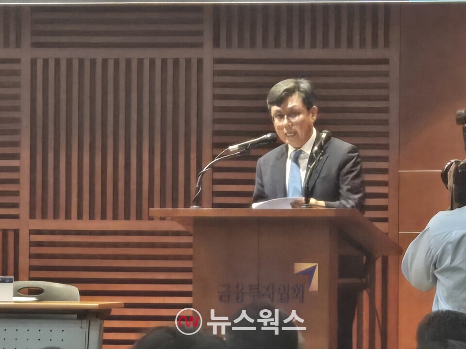 안도걸 더불어민주당 의원이 23일 오후 서울 여의도 금융투자협회 불스홀에서 '스테이블코인의 제도권 편입을 위한 정책토론회'를 주최한 뒤 발언하고 있다. (사진=박성민 기자)