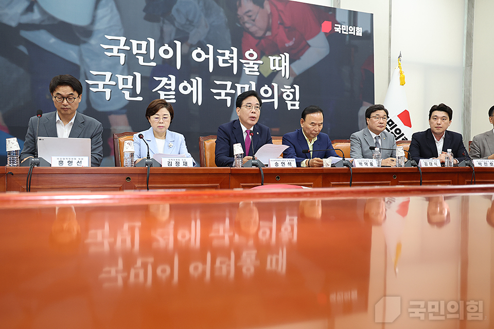 송언석(왼쪽 세 번째) 국민의힘 비상대책위원장이 24일 국회에서 열린 비상대책위원회의에서 발언하고 있다. (사진제공=국민의힘)