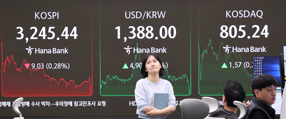 31일 오후 서울 중구 하나은행 딜링룸 전광판에 코스피 지수가 전 거래일(3254.47)보다 9.03포인트(-0.28%) 내린 3245.44를 나타내고 있다. (사진=뉴스1)
