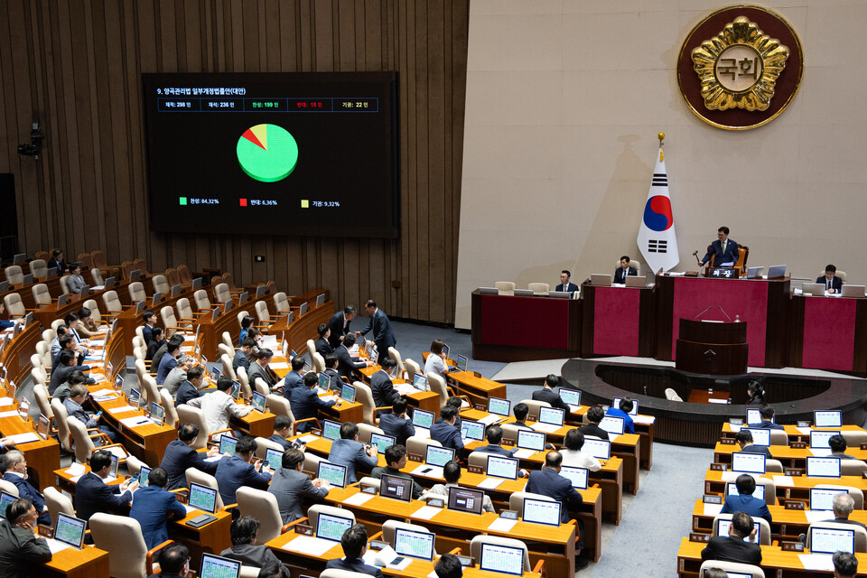 4일 국회에서 열린 제427회 국회(임시회) 3차 본회의에서 양곡관리법 일부개정법률안(대안)이 재석 236인 중 찬성 199인, 반대 15인, 기권 22인으로 가결되고 있다. (사진=뉴스1)