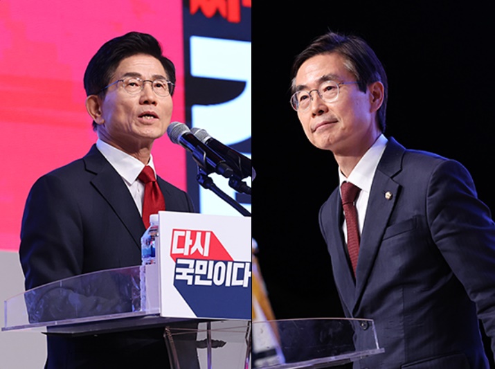 김문수(왼쪽) 국민의힘 당대표 후보와 조경태 후보가 지난 12일 부산 BEXCO에서 열린 부울경 합동연설회에서 연설하고 있다. (사진제공=국민의힘)