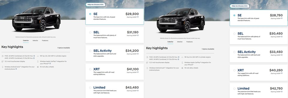 2026년형(왼쪽)과 2025년형 산타크루즈 가격 표 비교. (출처=현대차 미국법인 홈페이지)