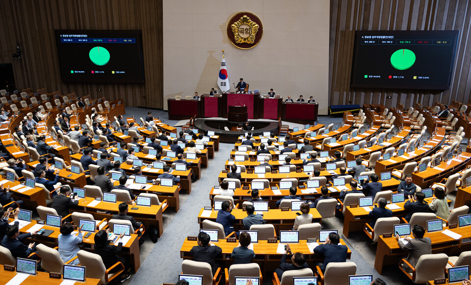 지난 5일 서울 여의도 국회에서 열린 제427회 국회(임시회) 3차 본회의에서 방송법 일부개정법률안(대안)이 재석 180인, 찬성 178인, 반대 2인, 기권 0인으로 가결되고 있다. (사진=뉴스1)