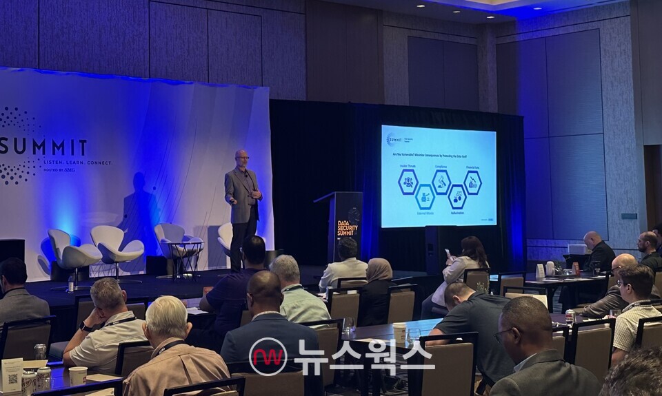 지난 5월 열린 '데이터 시큐리티 서밋 댈러스'에서 론 아덴 파수 미국법인 CTO가 '생성형 AI 시대를 위한 보안과 개인정보보호, 거버넌스'를 주제로 세션 발표를 진행했다. (사진제공=파수)