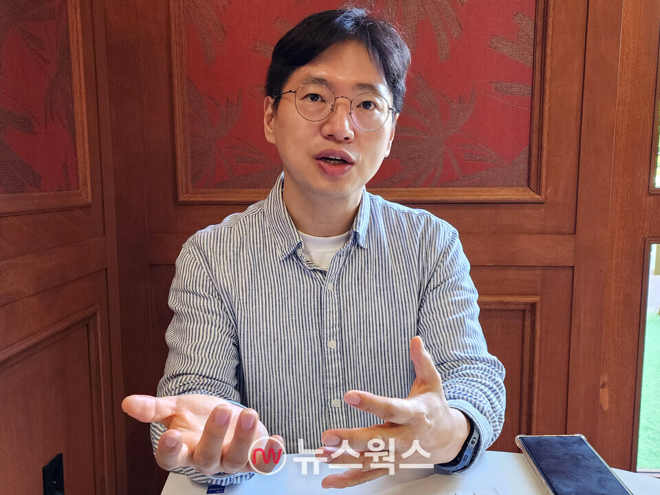 김용태 티맥스ANC CTO가 통합 슈퍼 앱 플랫폼 '가이아'에 대해 설명하고 있다. (사진=박광하 기자)