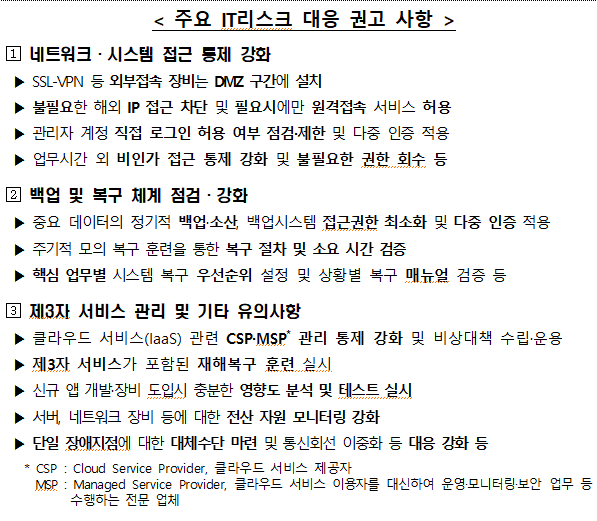 주요 IT리스크 대응 권고 사항. (자료제공=금융감독원)