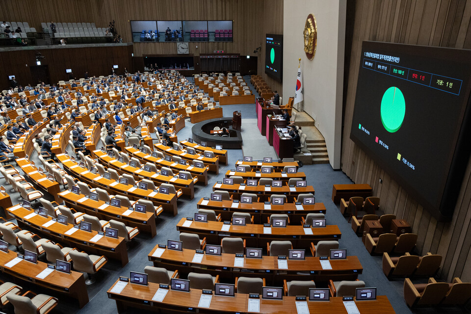 21일 서울 여의도 국회에서 열린 제428회 국회(임시회) 제1차 본회의에서 방송문화진흥회법 일부개정법률안(대안)이 가결되고 있다. (사진=뉴스1)