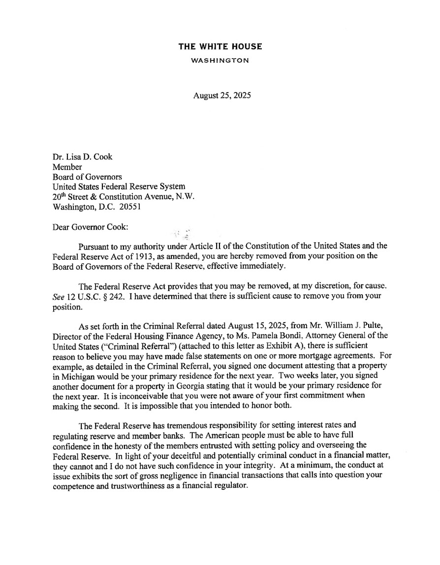 리사 쿡 이사 해임 서한. (출처=도널드 트럼프 트루스소셜)