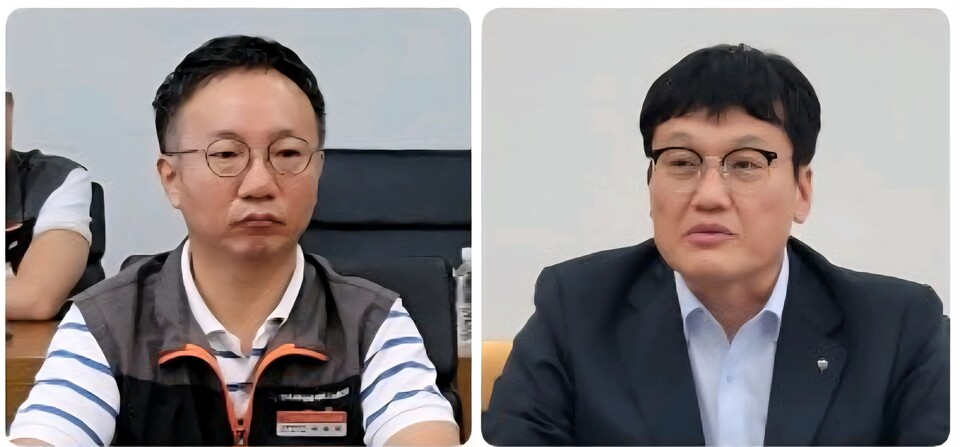 (오른쪽) 박창훈 신한카드 대표와 박원학 신한카드 노조지부장이 '2025년 임단협 상견례' 자리에서 발언을 하고 있다. (출처=전국사무금융노조)