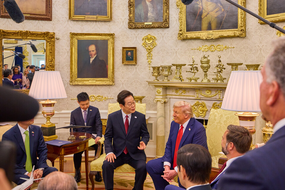 이재명 대통령이 25일(현지시간) 미국 워싱턴DC 백악관에서 열린 도널드 트럼프 미국 대통령과의 한미 정상회담에서 발언하고 있다. (사진제공=대통령실)