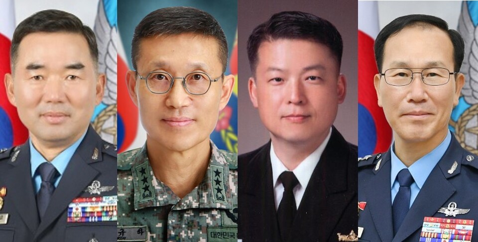 왼쪽부터 진영승 합동참모의장, 김규하 육군참모총장, 강동길 해군참모총장, 손석락 공군참모총장 내정자. (사진제공=국방부)