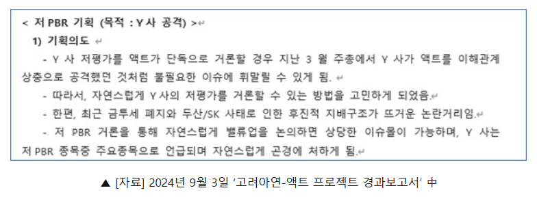 영풍이 3일 공개한 지난 2024년 9월 3일 고려아연-액트 프로젝트 경과보고서 내용. (사진제공=영풍)