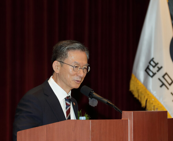 정성호 법무부 장관이 지난 7월 21일 정부과천청사 1동 지하대강당에서 열린 제71대 법무부장관 취임식에서 취임사를 하고 있다. (사진제공=법무부)