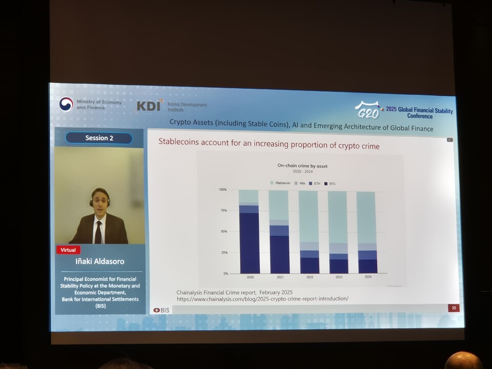 아냐키 알다소로 BIS 금융안정정책 이코노미스트가 스테이블코인 대상 범죄가 성행하고 있음을 설명하고 있다. (사진=정희진 기자)