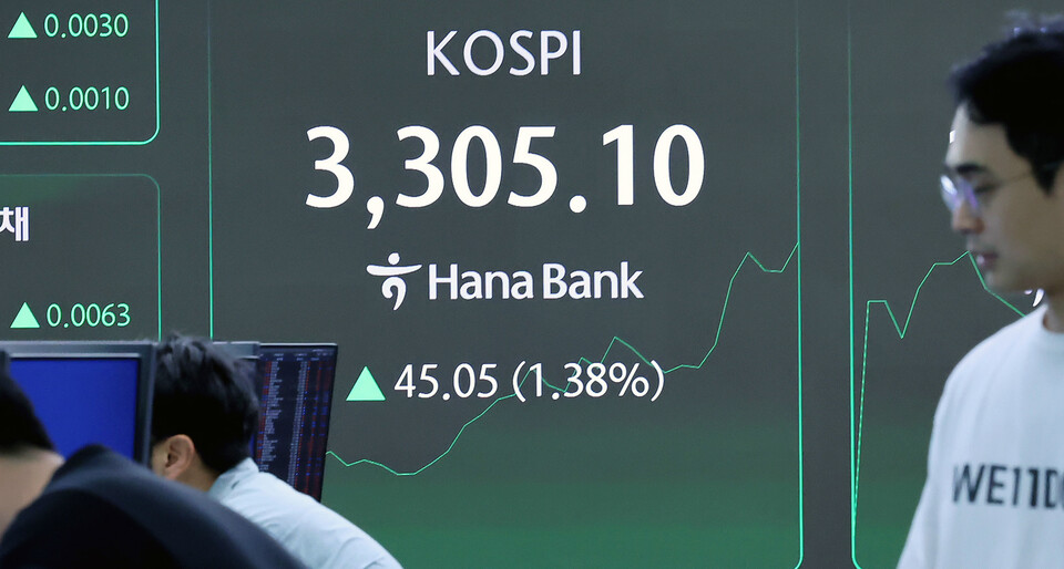 10일 오전 서울 중구 하나은행 딜링룸 전광판에 코스피가 3300을 돌파하고 있다. 이날 코스피는 전일 대비 0.37% 오른 3272.2, 코스닥은 0.43% 오른 828.4로 출발했다. (사진=뉴스1)