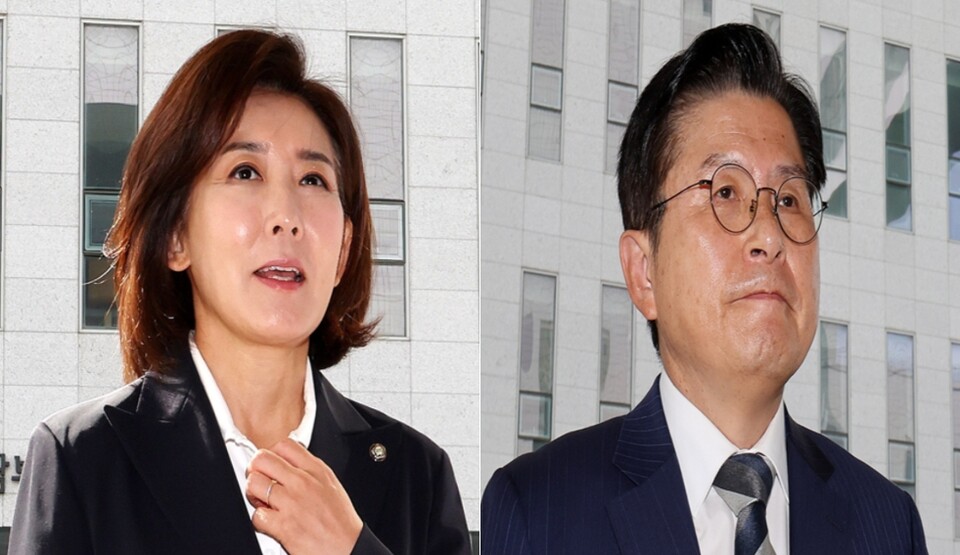 나경원(왼쪽) 국민의힘 의원과 황교안 자유와혁신 대표가 15일 서울 양천구 남부지법에서 열린 '국회 패스트트랙(신속처리안건) 충돌 사건' 1심 결심 공판에 출석하고 있다. (사진=뉴스1)