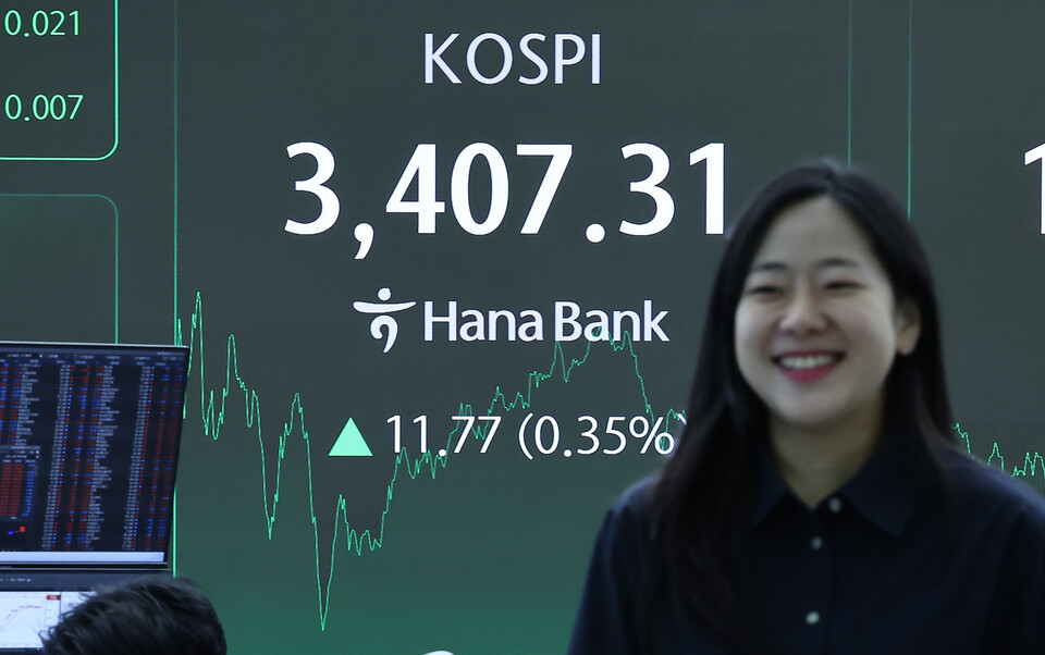 15일 오후 서울 중구 하나은행 딜링룸 전광판에 코스피 종가가 역대 장 마감 기준 최고치인 3407.31으로 표시되고 있다. 이날 코스피는 전 거래일 대비 11.77포인트(0.35%) 상승한 3407.31, 코스닥은 5.61포인트(0.66%) 상승한 852.69으로 장을 마쳤다. 서울외환시장에서 달러·원 환율은 전날보다 0.8원 오른 1389.0원으로 마감했다. (사진=뉴스1)