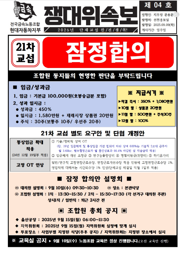 현대차 노사는  지난 9일 기본급 10만원 인상, 성과금 450%+1580만원, 주식 30주 지급 등 내용이 담긴 잠정합의안을 도출했다. (출처=전국금속노조 현대차지부 홈페이지)