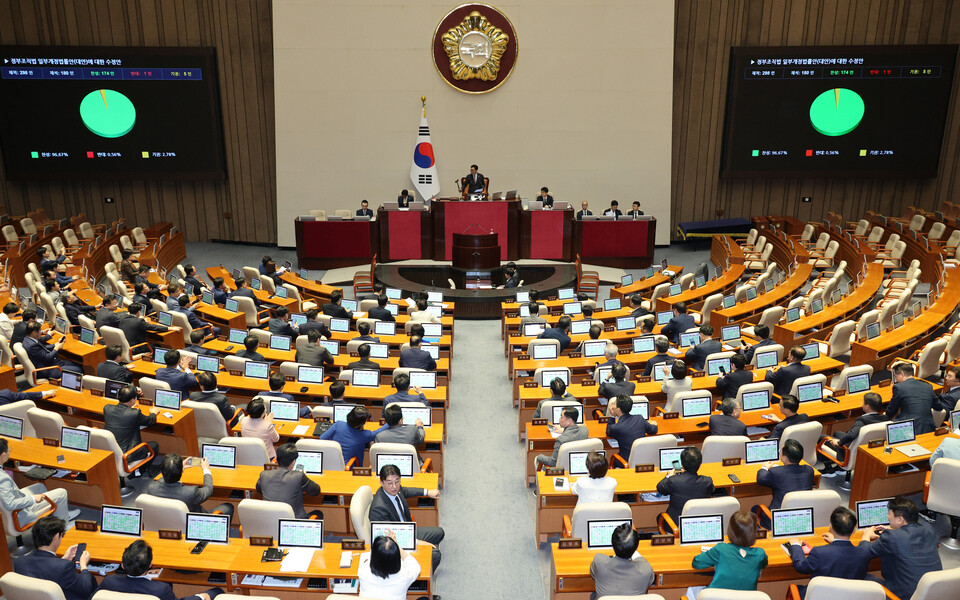 26일 서울 여의도 국회에서 열린 제429회국회(정기회) 9차 본회의에서 검찰청 폐지를 골자로 한 정부조직법 개정안이 통과되고 있다. (사진=뉴스1)