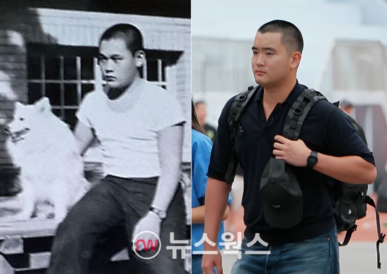 중학교 시절 고 이건희(왼쪽) 선대회장과 최근 해군 학사장교 사관후보생으로 입영하고 있는 이재용 회장의 장남 지호 씨. (사진제공=삼성전자)