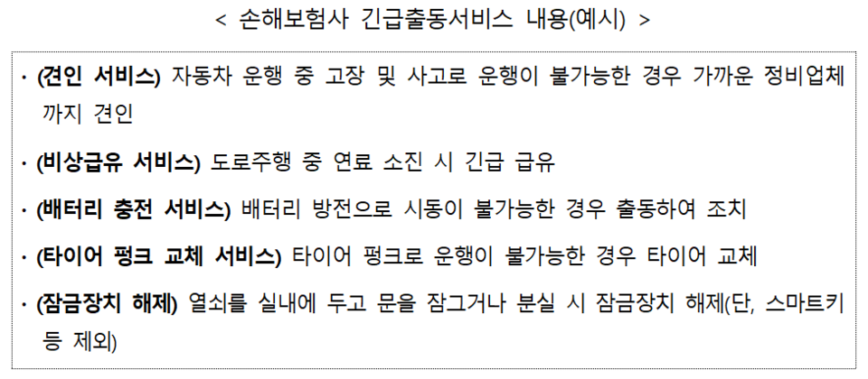 손해보험사 긴급출동서비스 내용. (출처=손해보험협회)