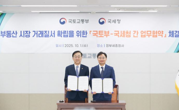 김윤덕(왼쪽) 국토부 장관과 임광현 국세청장이 1일 MOU 체결 후 협약서를 들어보이고 있다. (사진제공=국토부)