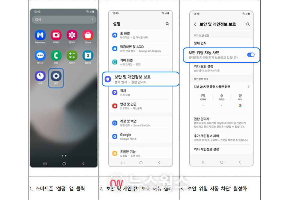 안드로이드 스마트폰에서 악성앱 설치를 방지하기 위한 '알 수 없는 출처의 앱' 설치 차단 방법. (사진제공=과기부)
