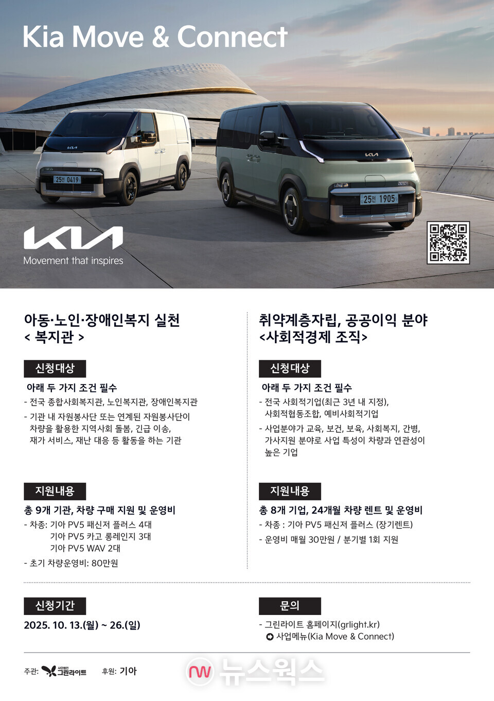 기아가 전국 복지기관과 사회적경제 조직 등에 기아 첫 전동화 전용 PBV인 'PV5'를 기부하는 '기아 무브&커넥트' 사회공헌 사업 포스터. (사진제공=기아)