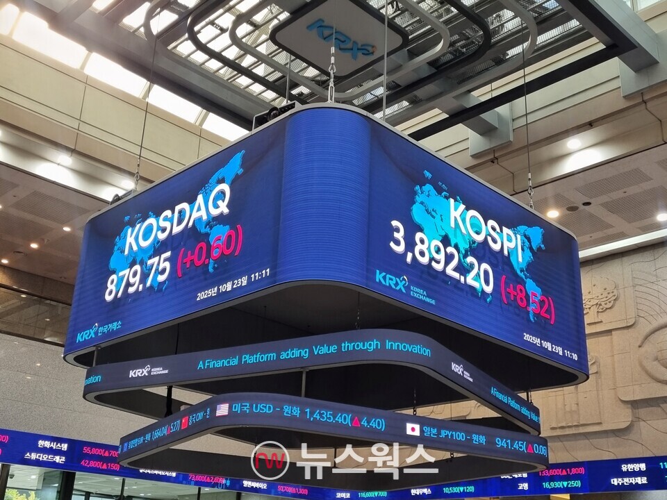 23일 장중 한국거래소 전광판. (사진=김아현 기자)